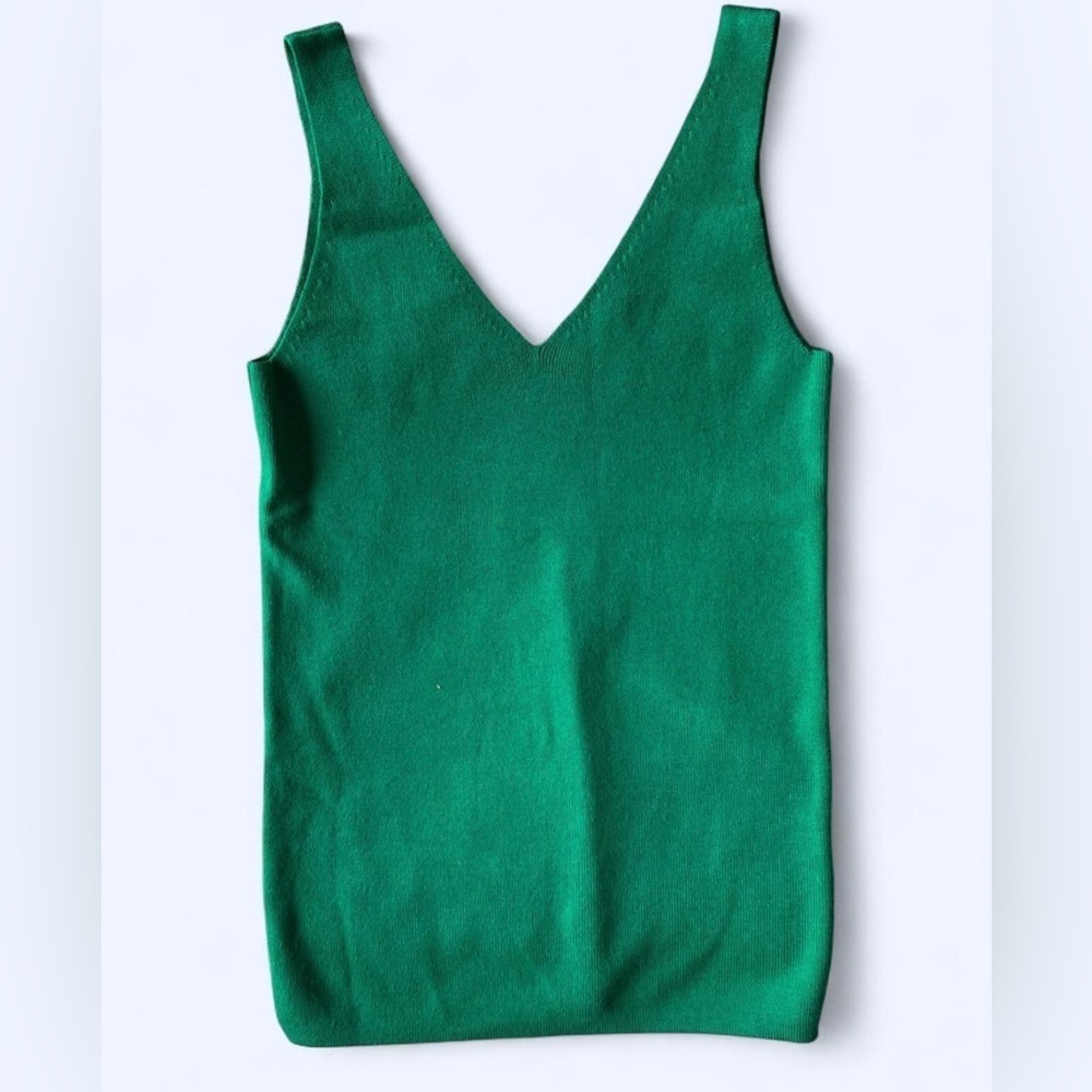 Forcast Womens Green Knit V-Neck Euro Coastal Summer Minimalist Tank Top XS 2